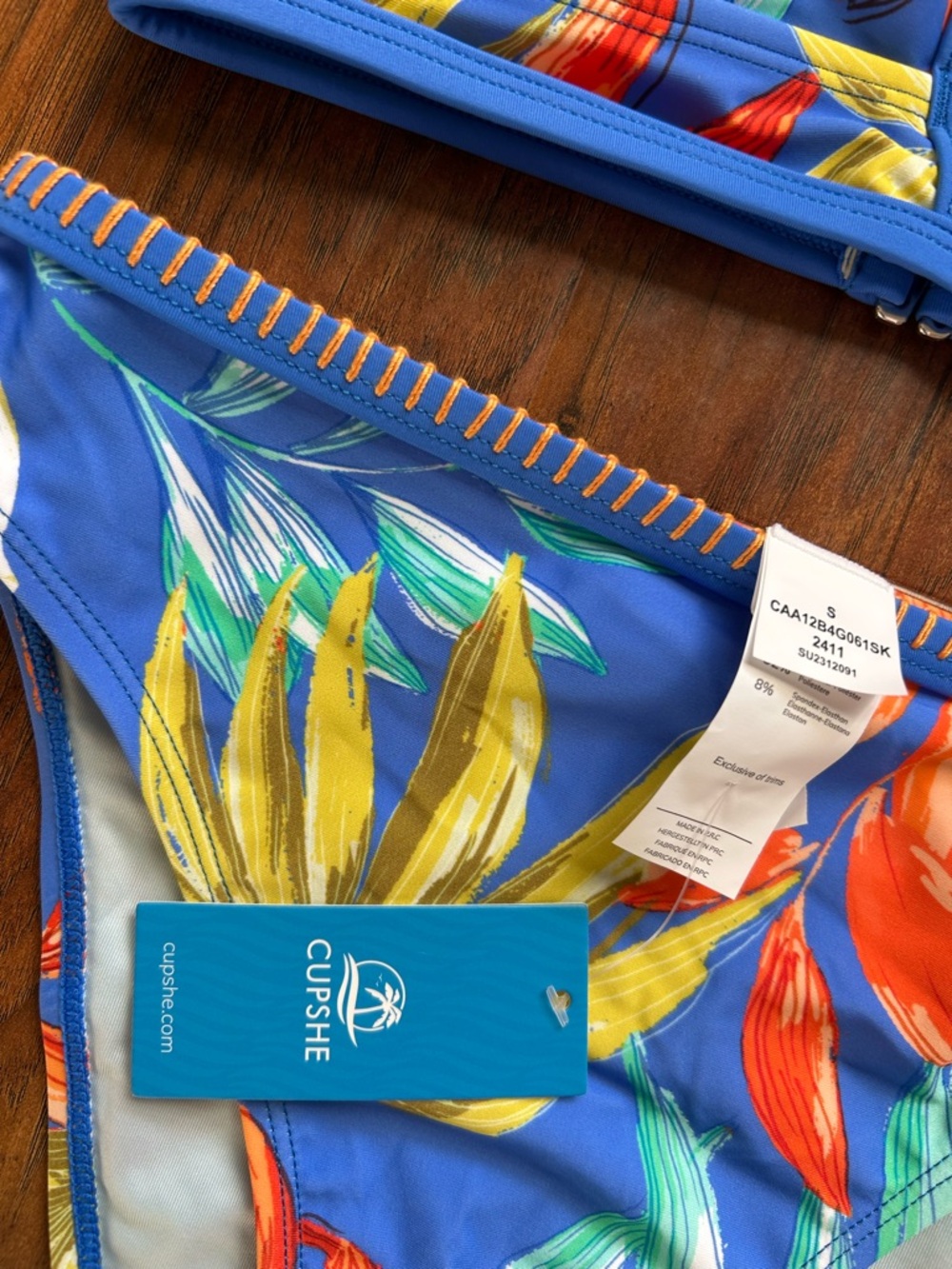 Cupshe Blue Tropical Triangle Bikini Set with Orange & Green Leaf Print - Picture 5 of 10